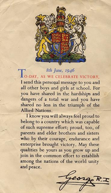 Mesage to School child from the Celebrations of the End of World War Two